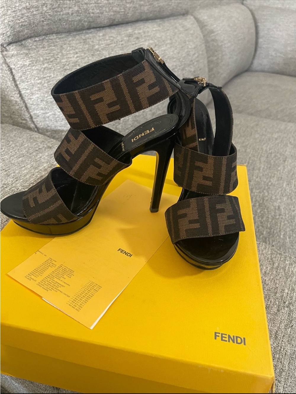 Fendi Black Patent Platform Sandals with Brown FF Logo Straps